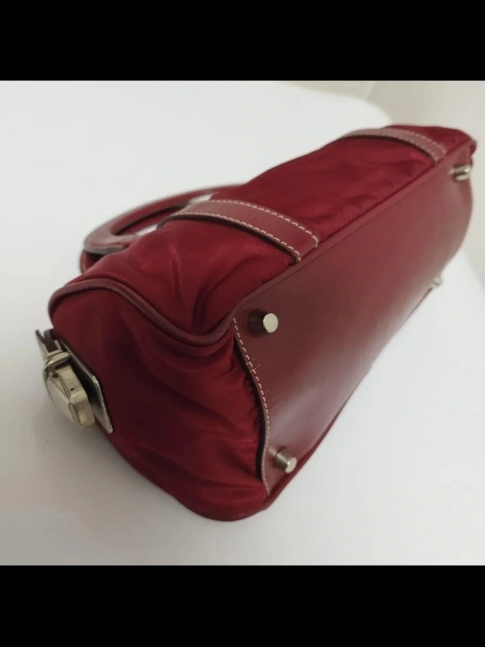 Prada Red Nylon Barrel Satchel with Leather Trim